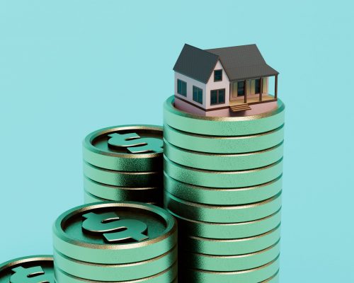 the concept of buying a house. a house on stacks of dollar coins on a blue background. 3D render.